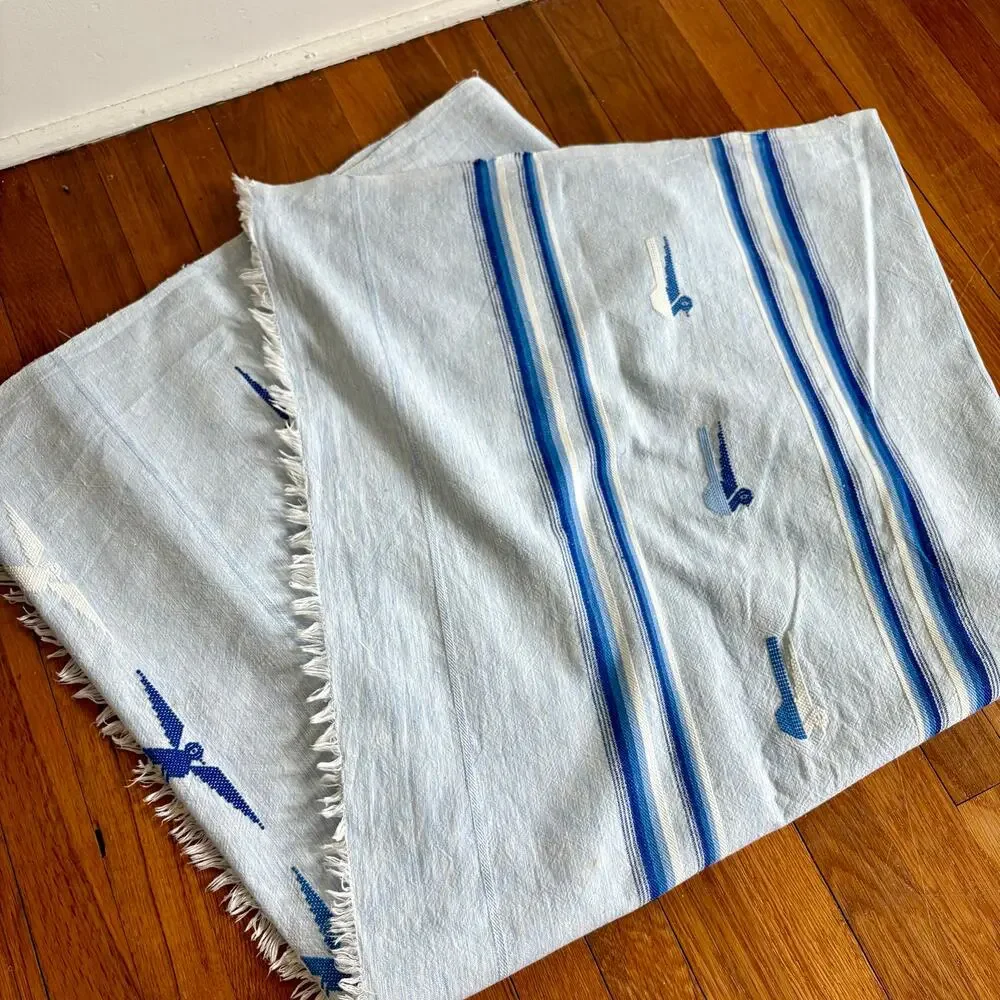 Vintage Guatemalan Cotton Tablecloth Blue Bird Embroidery